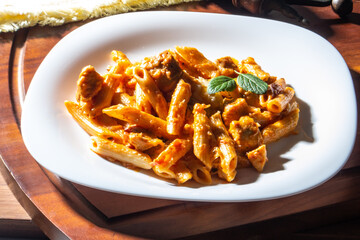 Pasta en salsa de tomate con pollo y albahaca