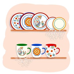 ceramic tableware: plates, cups, saucers are on a shelf decorated with white napkins. there is a Dymkov painting on the dishes.