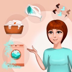 the girl shows what problems there are when washing clothes: the washing machine breaks down, socks are lost, the laundry detergent ends, the laundry is dyed. presentation of home washing.