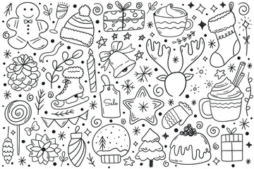 Set of Christmas design elements in doodle style. Vector illustration