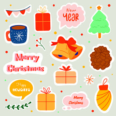 Stickers of different Merry Christmas attributes in vector. Set of Happy New Year stickers in cartoon style
