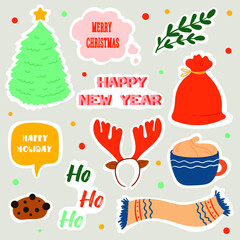 Set of Happy New Year stickers in cartoon style. Christmas illustration