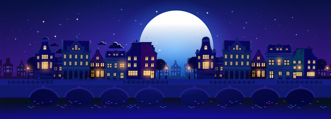Vector illustration of silhouette of night city street with light window and bridge on dark blue sky background with cloud and shine full moon. Flat style design © wowomnom