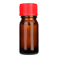 Amber color small pharma grade empty glass bottle with red cap.