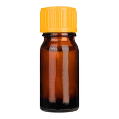 Amber color bottle with orange cap on a white background, isolated.