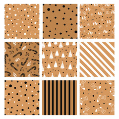 Christmas set of vector handmade seamless patterns. New Year and Merry Christmas on the background of kraft paper