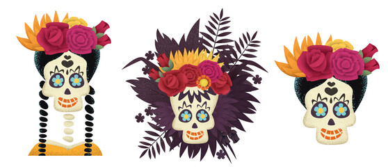 Day of the dead skull design elements. Corona dia de muertos