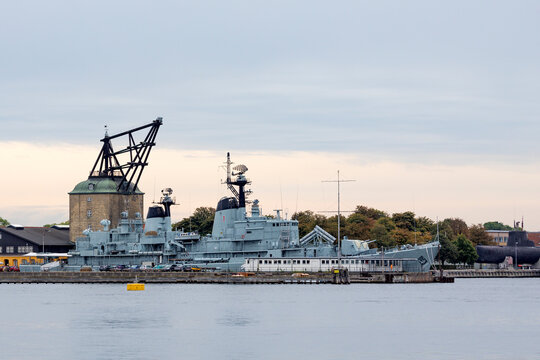Copenhagen, Denmark &ndash; September 21, 2021: Fregate PEDER SKRAM at the pier of  Cold War Museum. historic harbor crane in background
