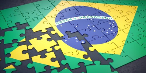Messy pieces of puzzle with flag of Brazil. 