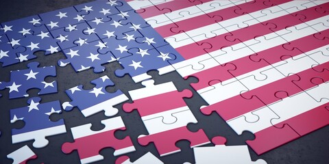 Messy pieces of puzzle with flag of United States. 
