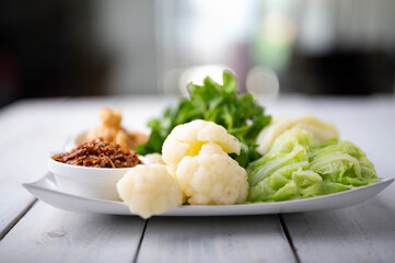 Nam prik or chili paste with boiled various vegetables,Thai food