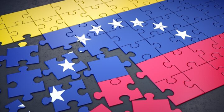 Messy pieces of puzzle with flag of Venezuela. 