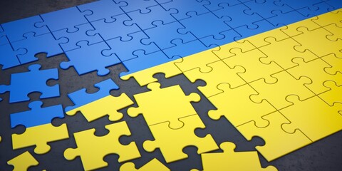 Messy pieces of puzzle with flag of Ukraine. 