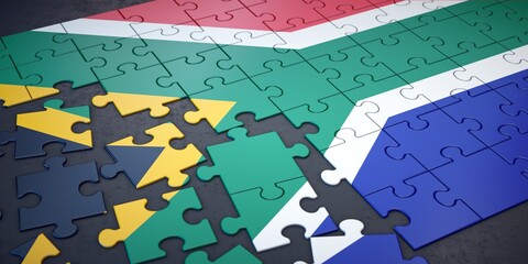 Messy pieces of puzzle with flag of South Africa. 