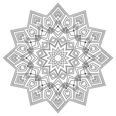Contour drawing of a mandala on a white background.