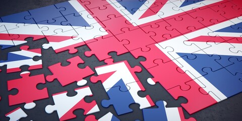 Messy pieces of puzzle with flag of United Kingdom. 