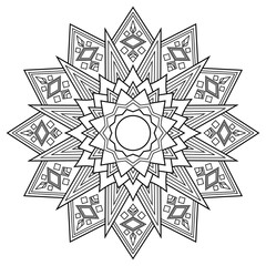 Contour drawing of a mandala on a white background.