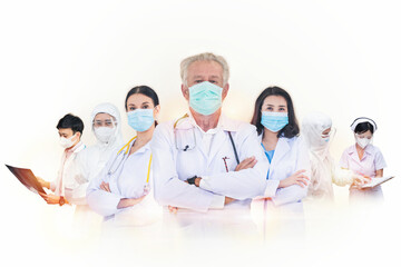 Group of doctors and nurse with face masks looking at camera, fight corona virus teamwork concept.