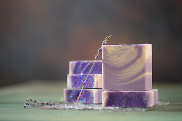 Natural handmade soap with lavender flowers. Aromatic Natural Soap.