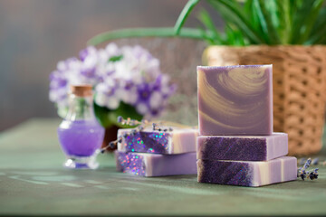 Obraz na płótnie Canvas Natural handmade soap with lavender flowers. Aromatic Natural Soap.