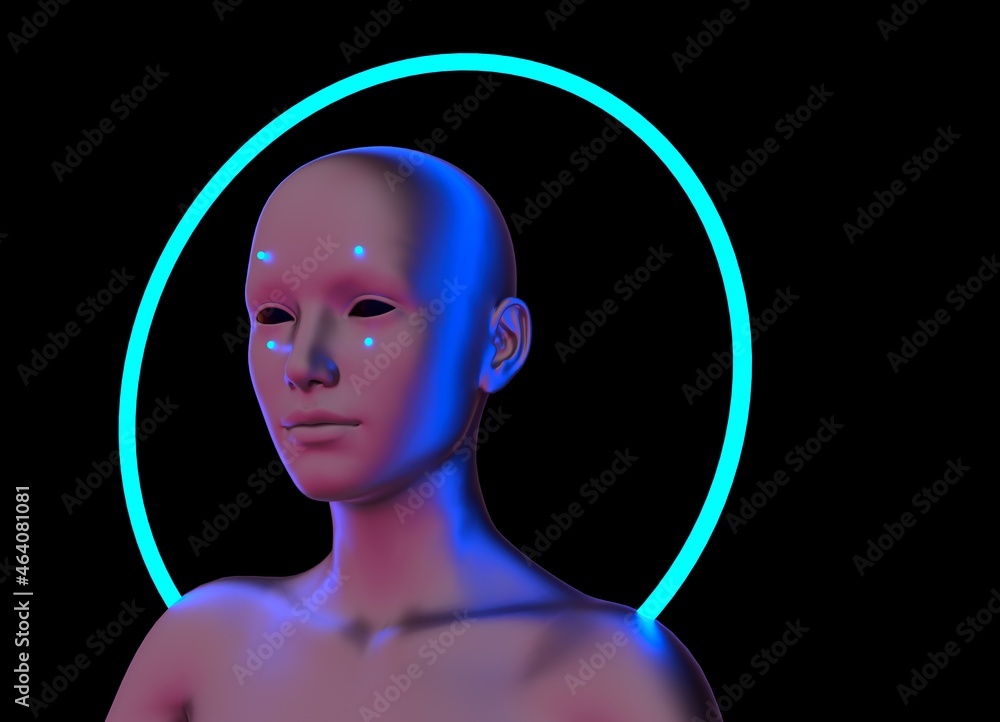 Poster sci-fi style woman with a neon nimbus around her head. concept of the artificial intelligence or rob