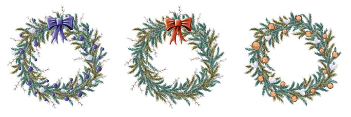 Set of three Christmas fir-tree wreaths with woodcut circles and heart-shaped snowballs, red and indigo bows and balls, and white berried twigs on white background. Isolated hand-painted illustration