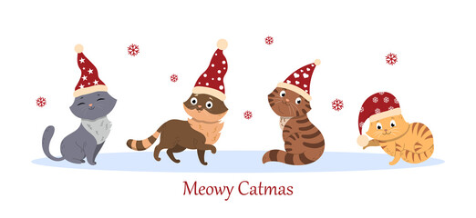 Set of cute little meowy cats wearing gnome hat on white background with snowflakes. Colorful postcard templates with christmas cats for winter celebration. Flat cartoon vector illustration