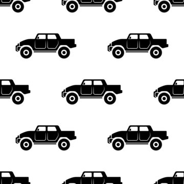 Black big off-road vehicles isolated on white background. Cute monochrome car seamless pattern. Vector simple flat graphic illustration. Texture.
