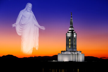 Pocatello Idaho LDS Mormon Temple with Lights at Sunset and Jesus Looking with Arms Out - obrazy, fototapety, plakaty