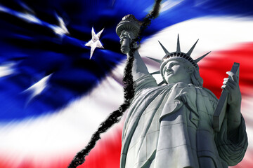 Division in America Conflict Cracked American Flag and Statue of Liberty Symbolizing Unrest in the United States © Lane Erickson