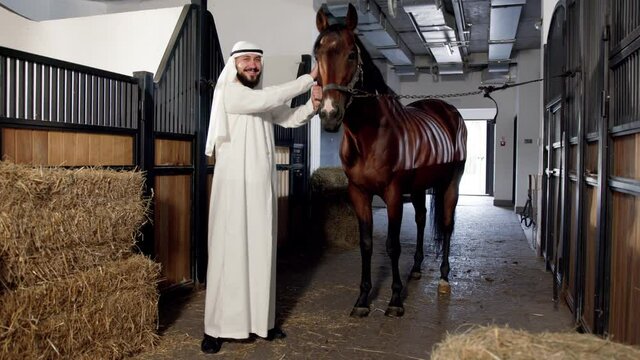 Rich arabian sheikh spending time with his horse at the stable while standing inside. Hobbies for rich people concept