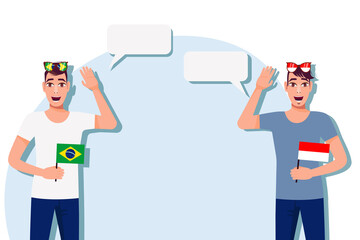 Men with Brazilian and Indonesian flags. Background for text. Communication between native speakers of Brazil and Indonesia. Vector illustration.