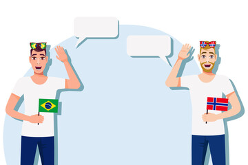 The concept of international communication, sports, education, business between Brazil and Norway. Men with Brazilian and Norwegian flags. Vector illustration.