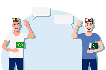 Men with Brazilian and Pakistani flags. Background for the text. The concept of sports, political, education, travel and business relations between Brazil and Pakistan. Vector illustration.