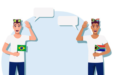 The concept of international communication, sports, education, business between Brazil and South Africa. Men with Brazilian and South African flags. Vector illustration.