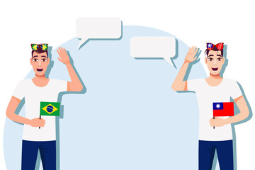 Men with Brazilian and Taiwan flags. Background for text. Communication between native speakers of Brazil and Taiwan. Vector illustration.