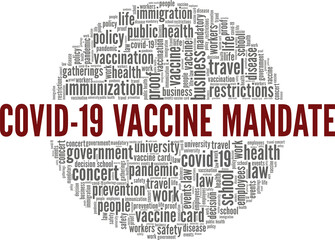 Covid-19 Vaccine Mandate vector illustration word cloud isolated on white background. - obrazy, fototapety, plakaty