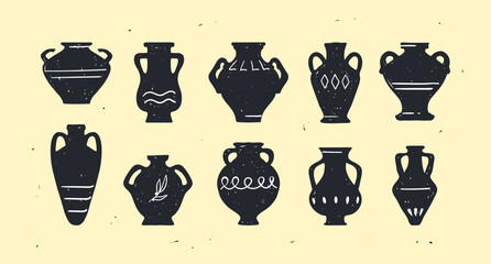 Antique ceramic set of vases in different sizes and shapes. Dark silhouettes of vases, amphorae and old jugs on a light background. Hand-drawn isolated vector pottery with white decoration and texture