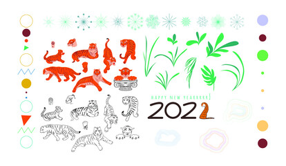 Naklejka premium A set for creativity. Leaves, tigers, circles, zigzags, curves, antique column, snowflakes, triangles