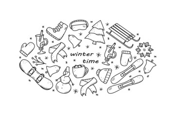 Doodle vector of winter elements and clothing. The concept of winter holidays New Year and Christmas.