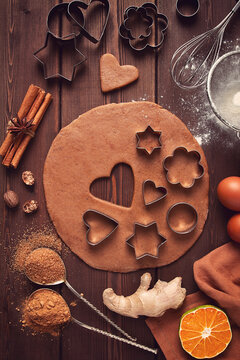 Raw Dough, Cookie Cutter And Gingerbread Ingredients, On A Wooden Table, Top View, Flat Layout, Selective Focus, Vintage Tinting, No People,