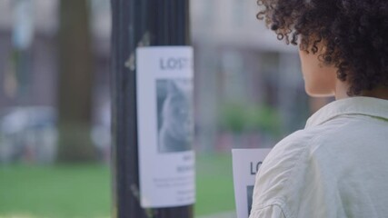 Animal shelter volunteer putting up poster with information about missing cat