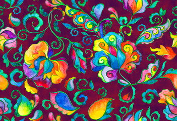 Paisley watercolor floral pattern tile:  flowers, flores, tulips, leaves. Oriental indian traditional hand painted water color whimsical seamless print, ceramic design. Abstract india batik background