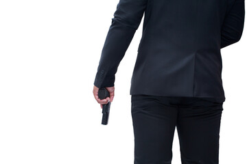 back view of gun man wearing black suit holding pistol on white background isolated Concept for...
