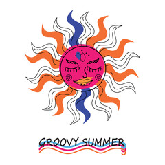 Groovy summer vibes. Clothing and apparel. Graphic tee design. T-shirt design. Sunrise. Sunflower, sunset. Sunny day, sun. 