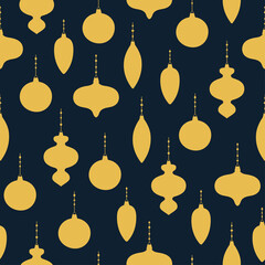 Seamless pattern of golden Christmas decoration on dark blue background. Christmas tree decoration in different shapes.