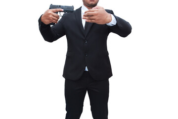 A gunman in a black suit holds a pistol with his other hand up to cover the target. isolated white background Concept of assassination, murder, criminal, bandit