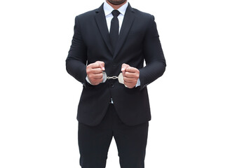 White Collar Crime in a black suit handcuffed isolate on a white background,cut out, Handcuffs,...