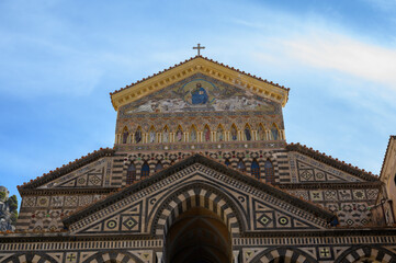 Fototapeta premium Cathedral of Sant'Andrea front of the religious facade representation of jesus last supper mosaic - close up - amalfi coast italy tourism