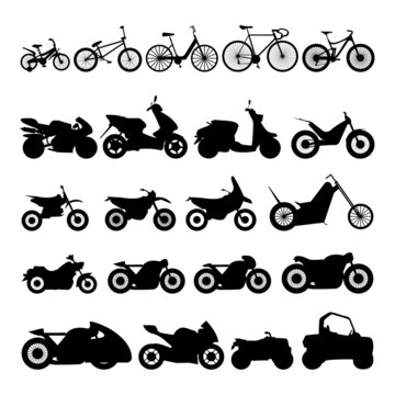 Set of black minimalistic icons of all kinds of motorcycles shadow. Easy to edit and enlarge vector illustration.